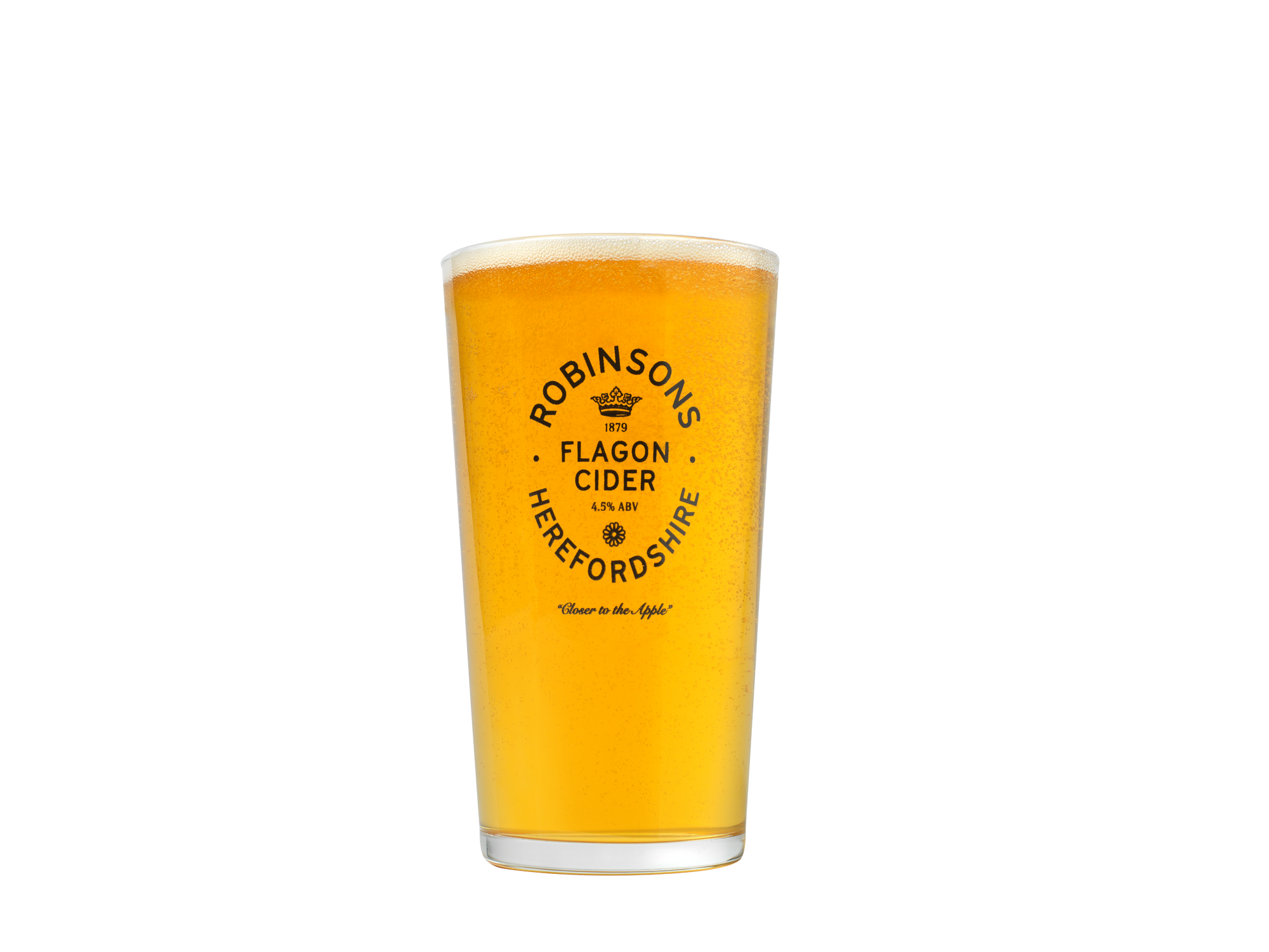 A chilled pint of Robinsons Flagon Cider in our signature branded glassware