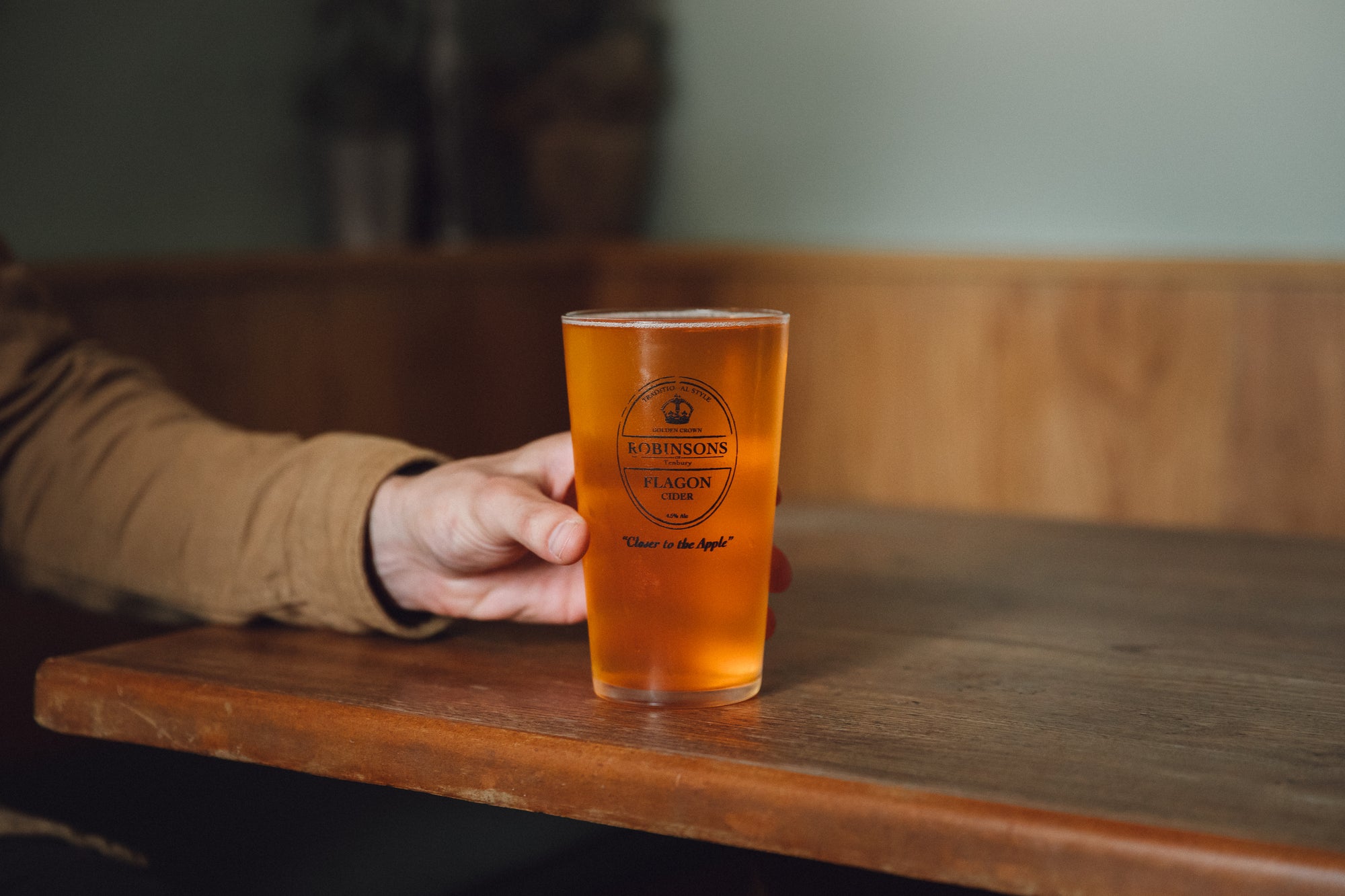 A pint of Robinsons Flagon Cider on draught in a Herefordshire pub