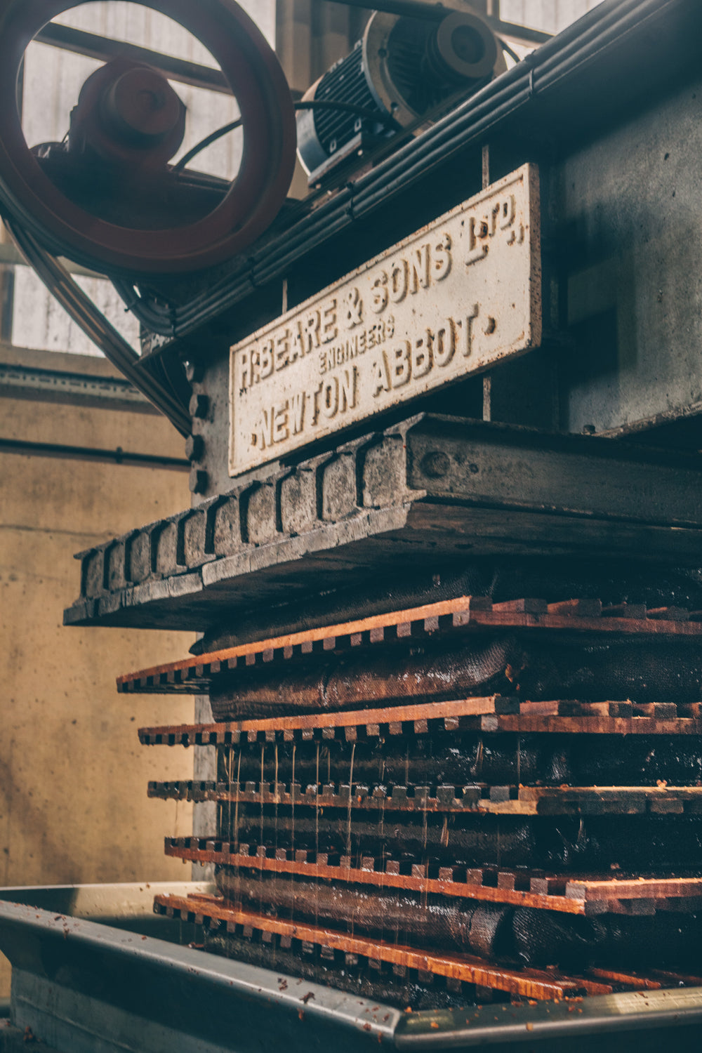 The Robinson family heirloom hydraulic cider press from the 1930s (H. Beare & Sons). The family used to have eight of these running at once